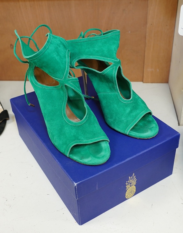 A pair of Aquazzura emerald suede open toe heels, in original box, size 41